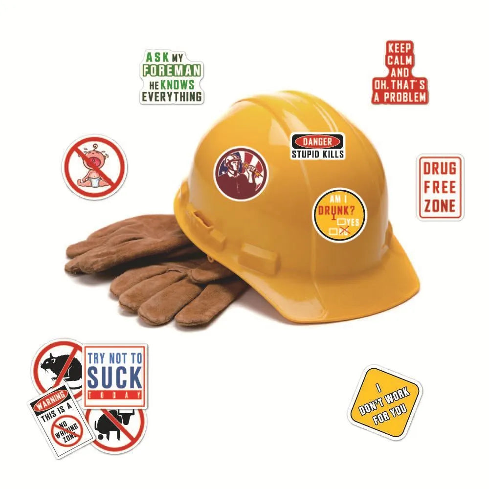 Pack of 50 waterproof personalised stickers for motorcycle helmets with warning slogans