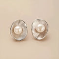 Pearl sterling silver geometric ear studs with needle posts for women