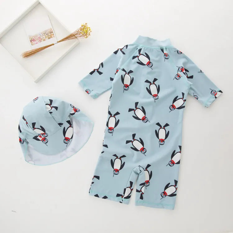 Boys' penguin print long sleeve swimsuit with matching swimming cap set