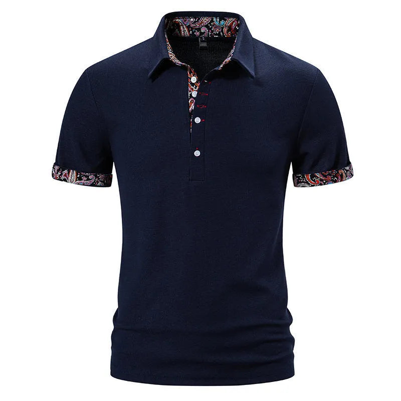 Men's polo shirt with colour stitching detail on a turnover collar and short sleeves.