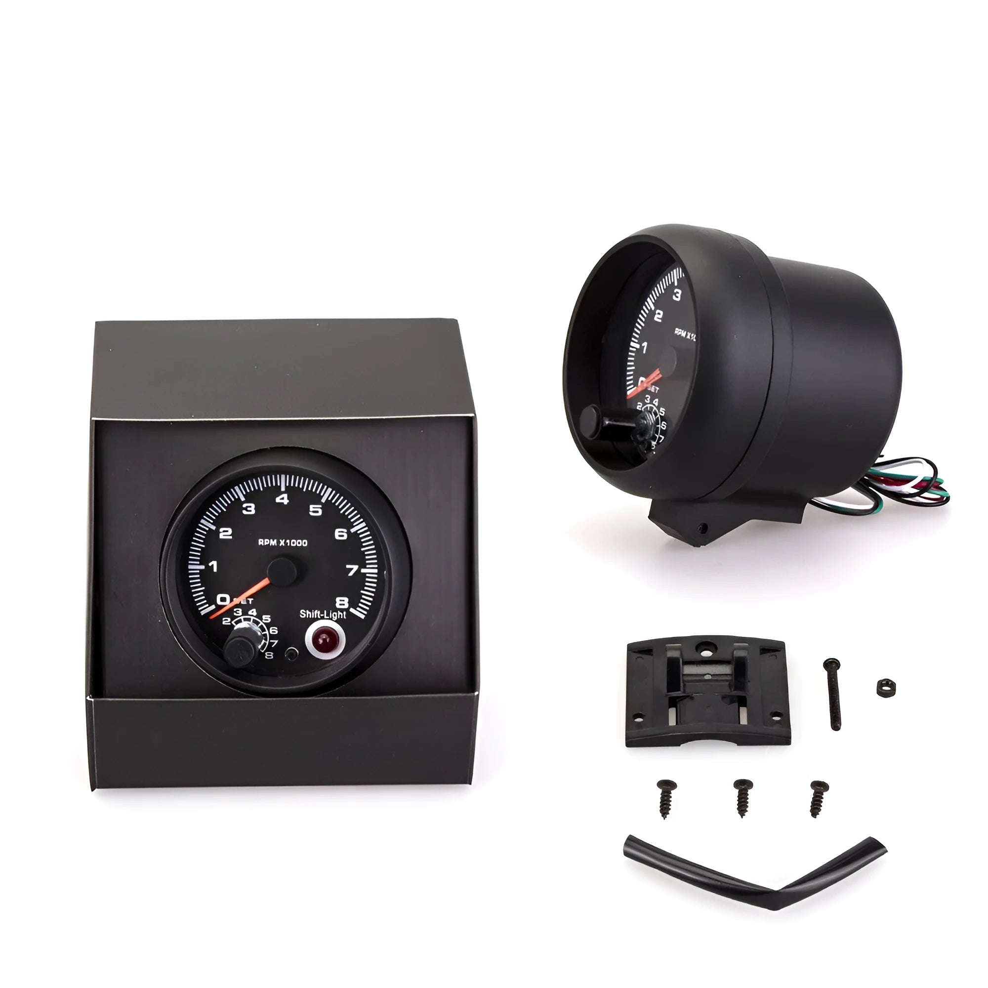Black automotive tachometer with blue light pointer for 0-8000 RPM engine speed monitoring