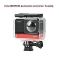 Transparent waterproof housing for Insta360 One RS panoramic camera showing dual lens protection