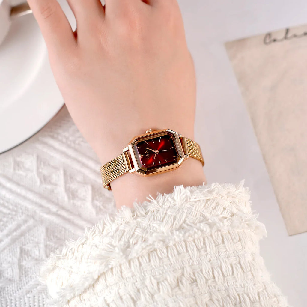 Women's square retro casual watch with rose shell case and thin 8mm profile on wrist.