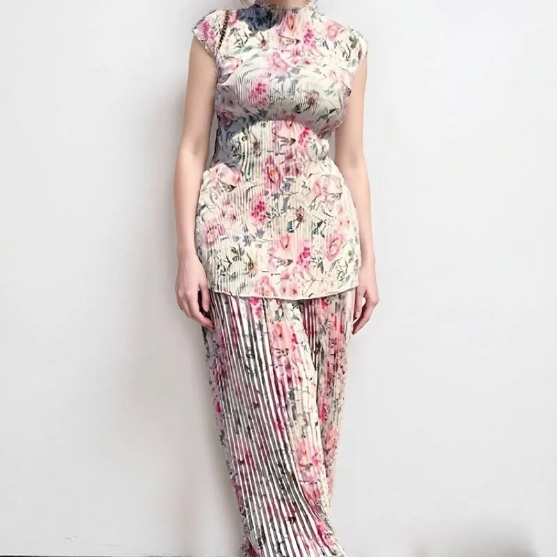 Women's long sleeve printed chiffon dress set with high waist skirt in picture colour