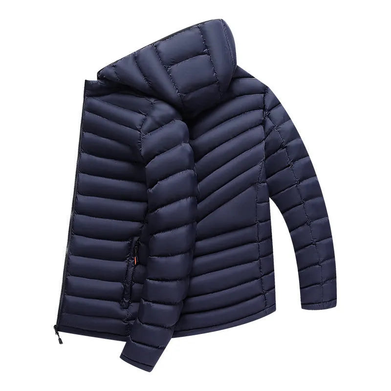 Men's lightweight down cotton-padded hooded jacket in cardigan style with detachable collar.