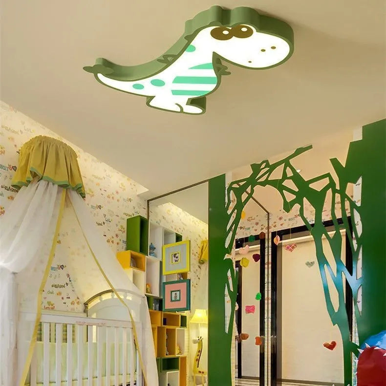 Cartoon dinosaur design ceiling light with a white PVC shade and aluminium body.