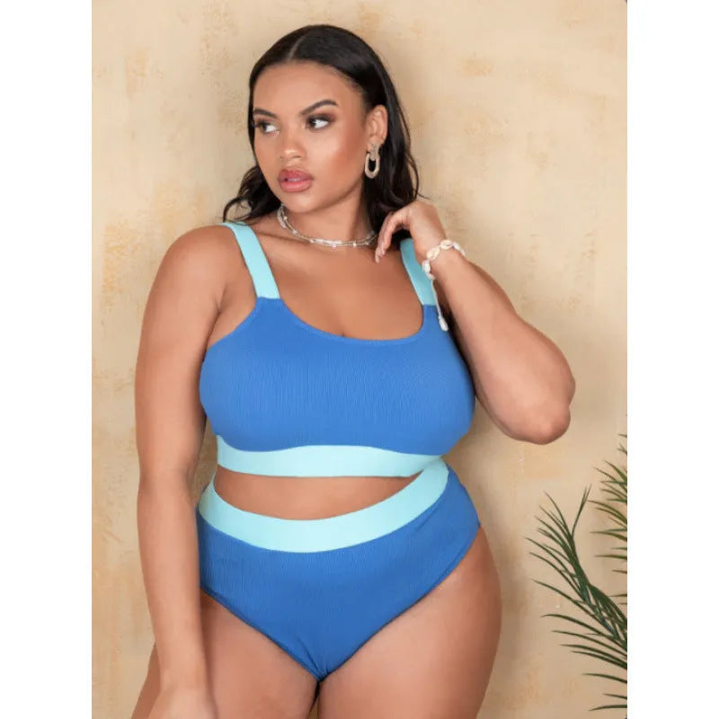Women's pure colour high-waisted bikini set with stitching detailing on polyester fabric