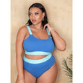Women's pure colour high-waisted bikini set with stitching detailing on polyester fabric