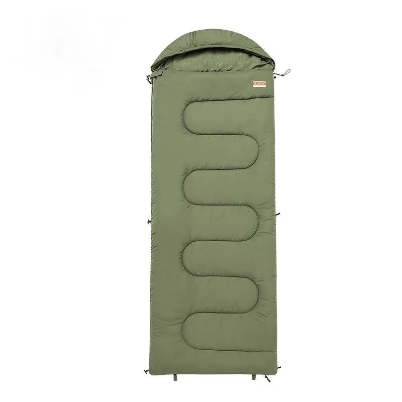 Cotton camping sleeping bag quilt in ochre and olive green colours with cold-proof insulation