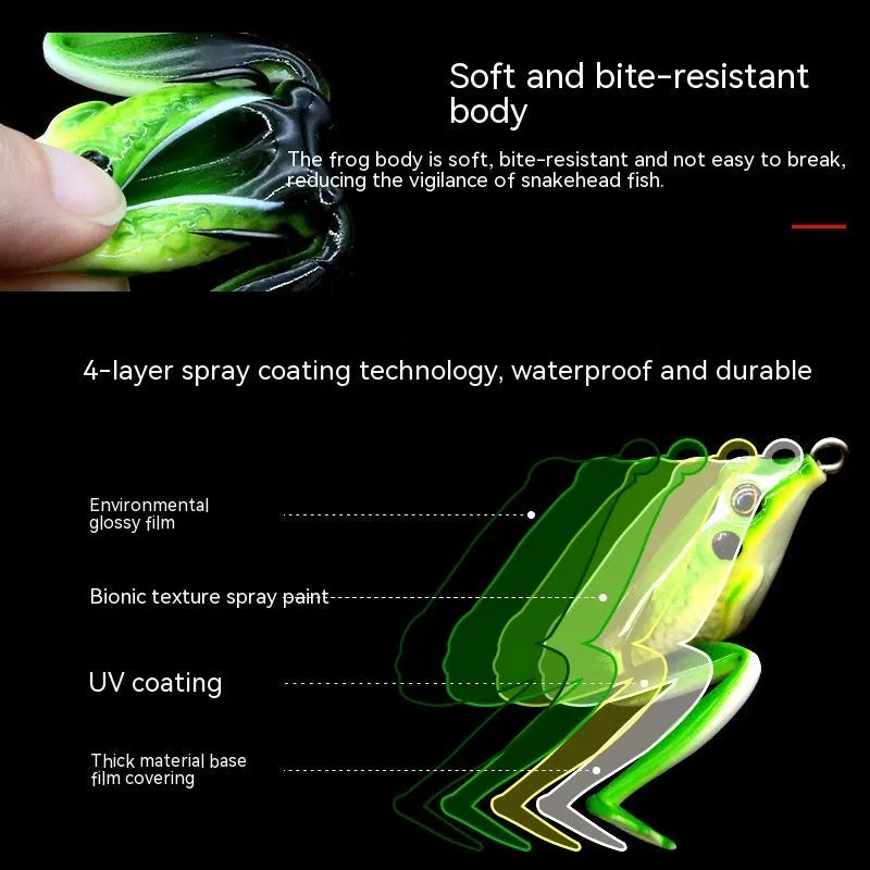 Bionic frog fishing lure with realistic snake head design and double hooks in grass green colour