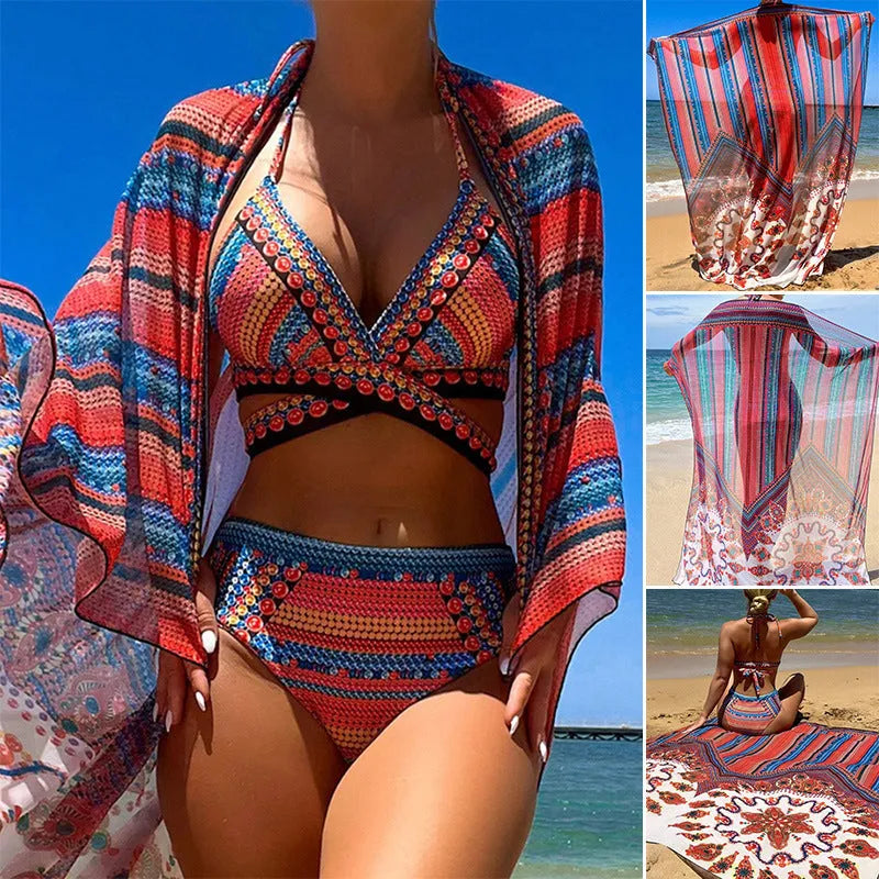 Women's three-piece split swimsuit set with high-waisted briefs, cutout blouse, and coat on a mannequin.