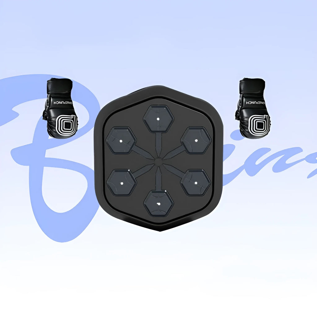 Black smart music boxing machine with Bluetooth connection and included gloves for home fitness training