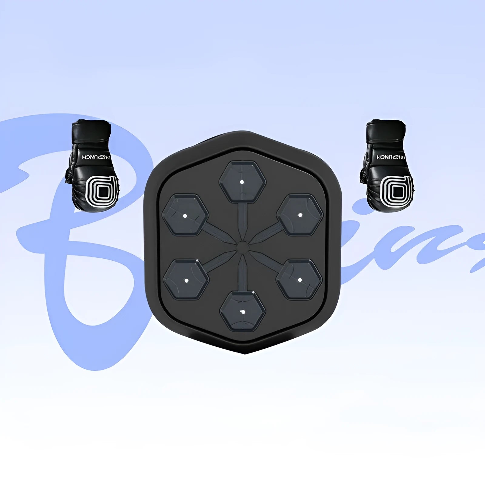 Black smart music boxing machine with Bluetooth connection and included gloves for home fitness training