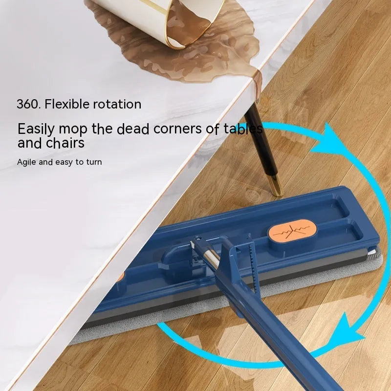 Large flat mop with long stainless steel handle and blue cloth on hard floor