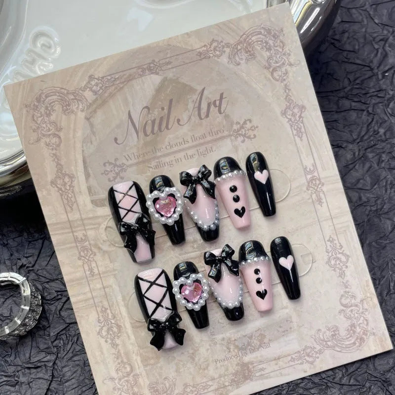 Black and pink heart hand-painted detachable manicure with cat's eye finish and bow design
