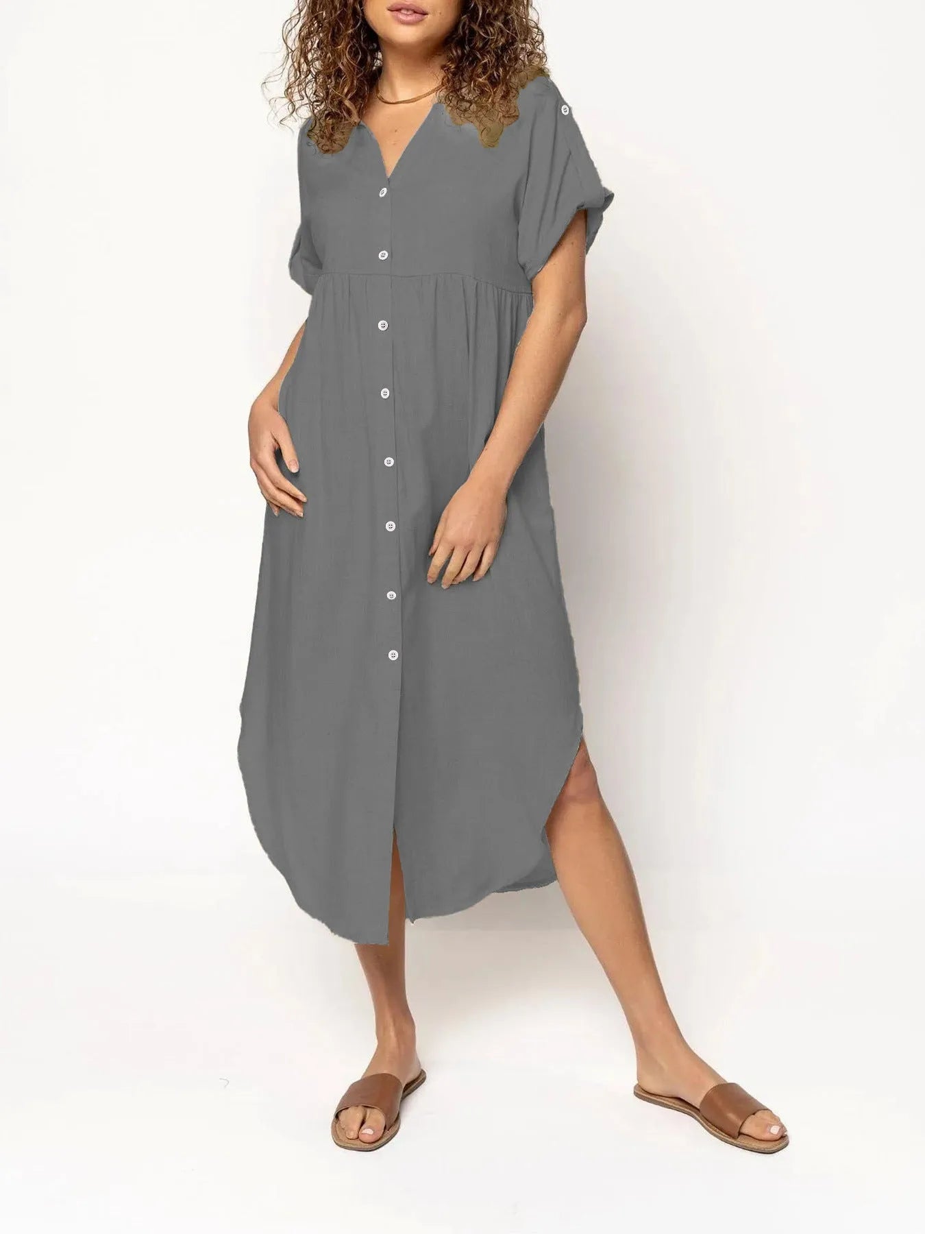 Women's casual button front mid-length dress in solid colour with regular sleeves and loose fit