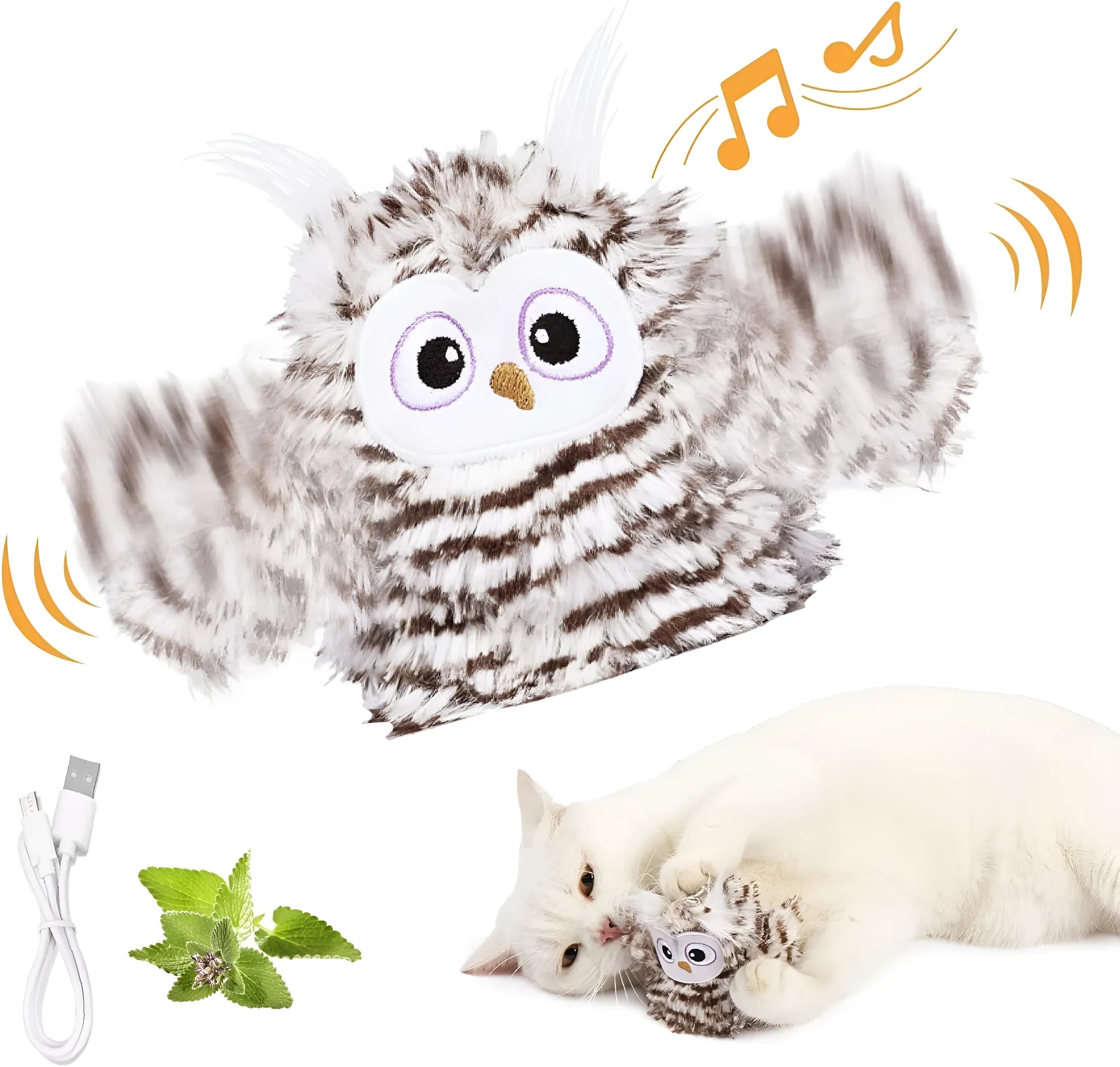 Grey automatic chirping owl cat toy with flapping wings for indoor cats