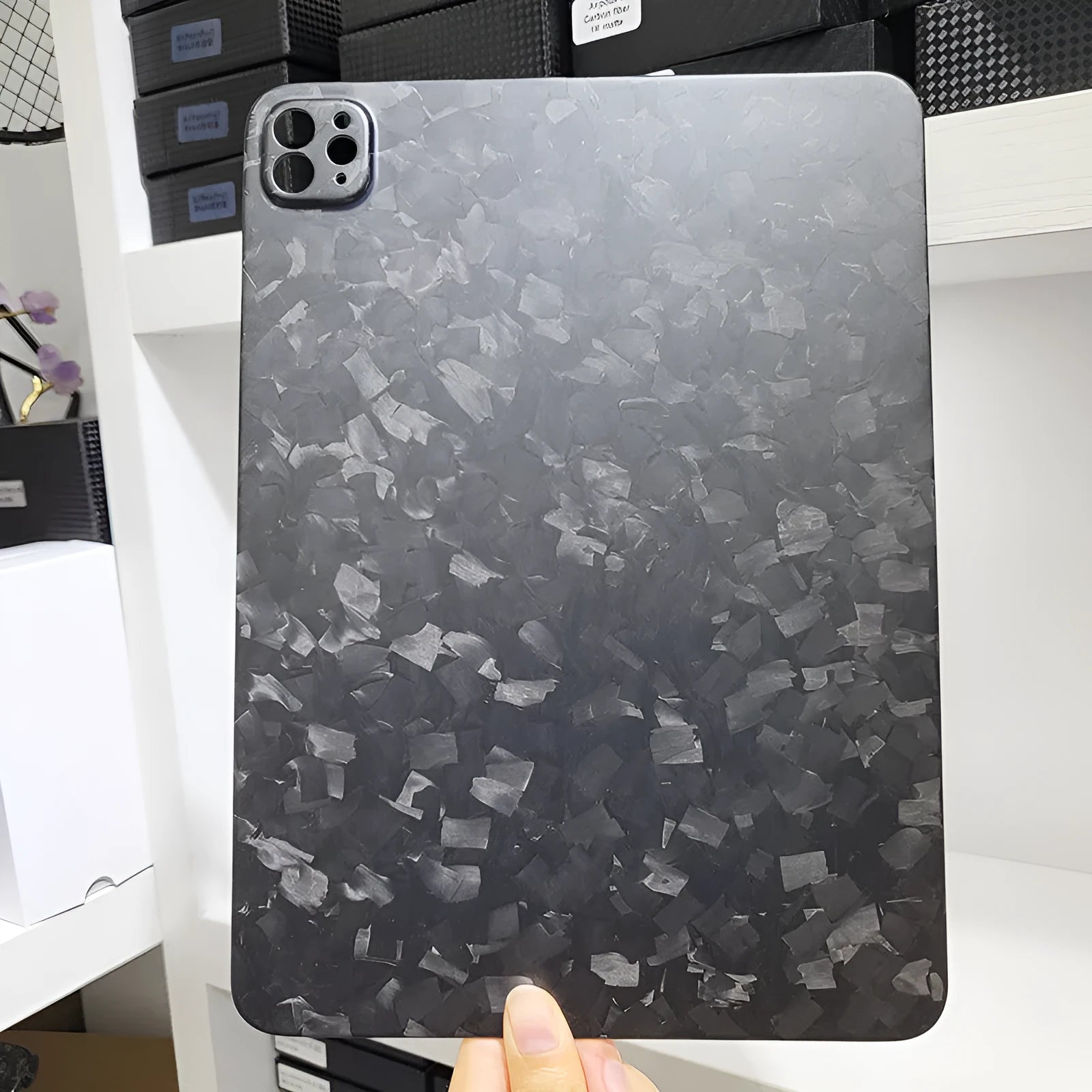 Carbon fibre protective cover for iPad Pro 11 with embossed plaid design