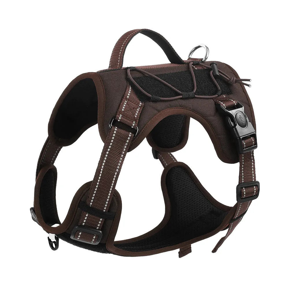 Orange reflective dog vest harness with explosion-proof leash attached, shown on a medium-sized dog.