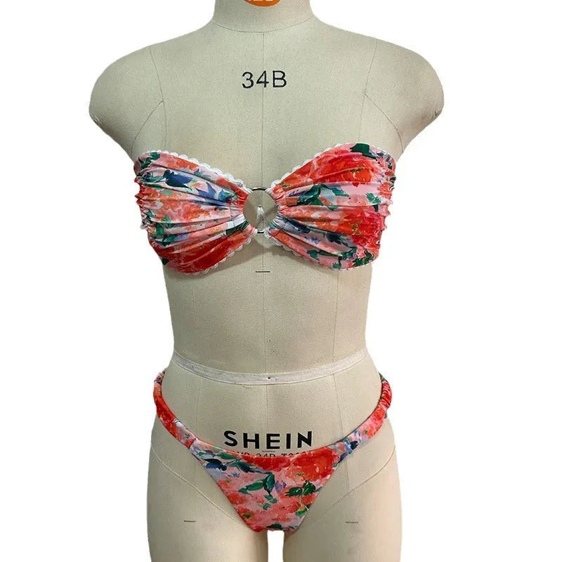 Colourful floral print polyester bikini set with lace details and backless design
