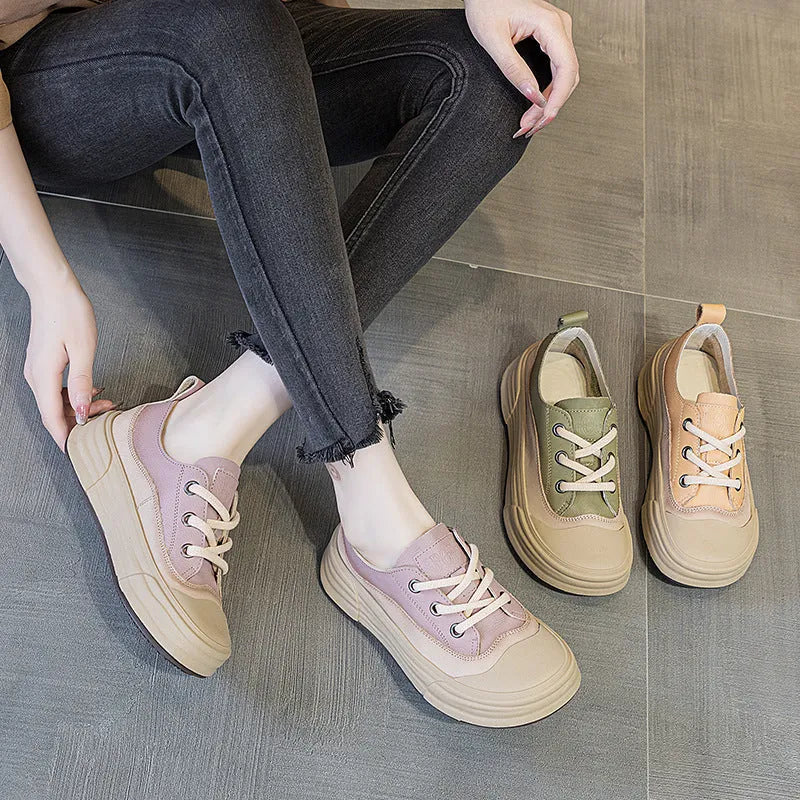 Women's matcha green leather platform sneakers with round toe and lace-up front