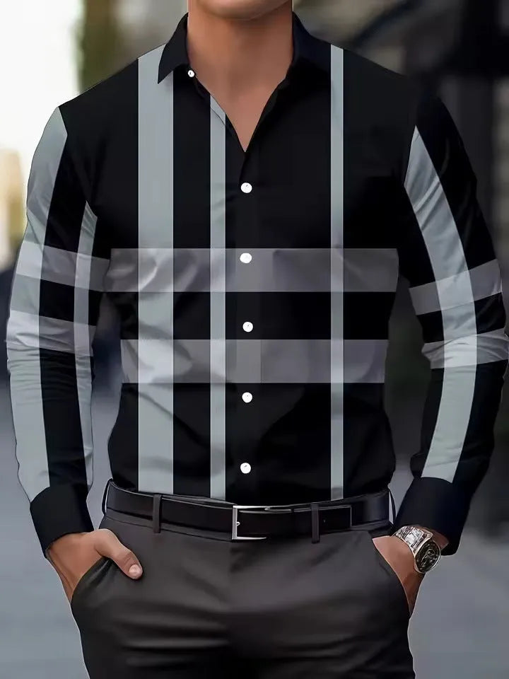 Men's striped long sleeve shirt with button lapel in polyester fabric, shown in multiple colours and sizes