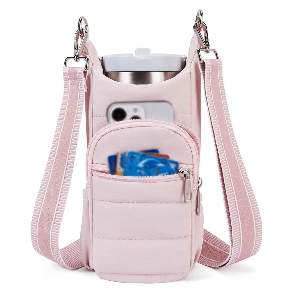 A modern simplicity style cloth water bottle bag for bicycles in a choice of black, pink or beige.