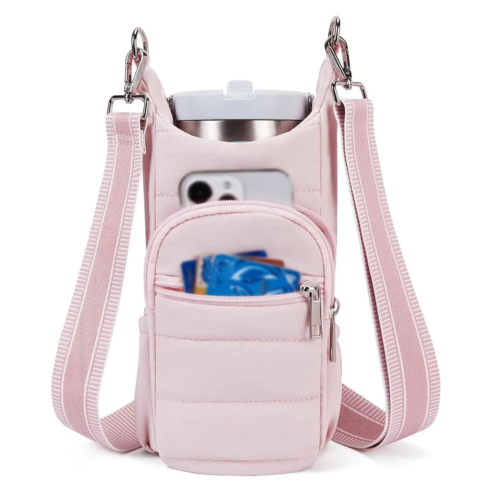 A modern simplicity style cloth water bottle bag for bicycles in a choice of black, pink or beige.