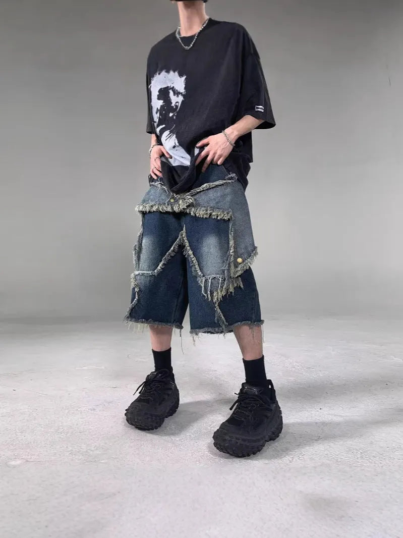 Men's blue denim shorts with frayed edges and five-pointed star design, loose fit for summer