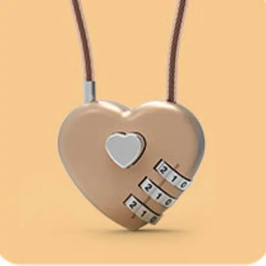 Peach heart-shaped ABS plastic padlock with a steel cable, shown in multiple colour options.