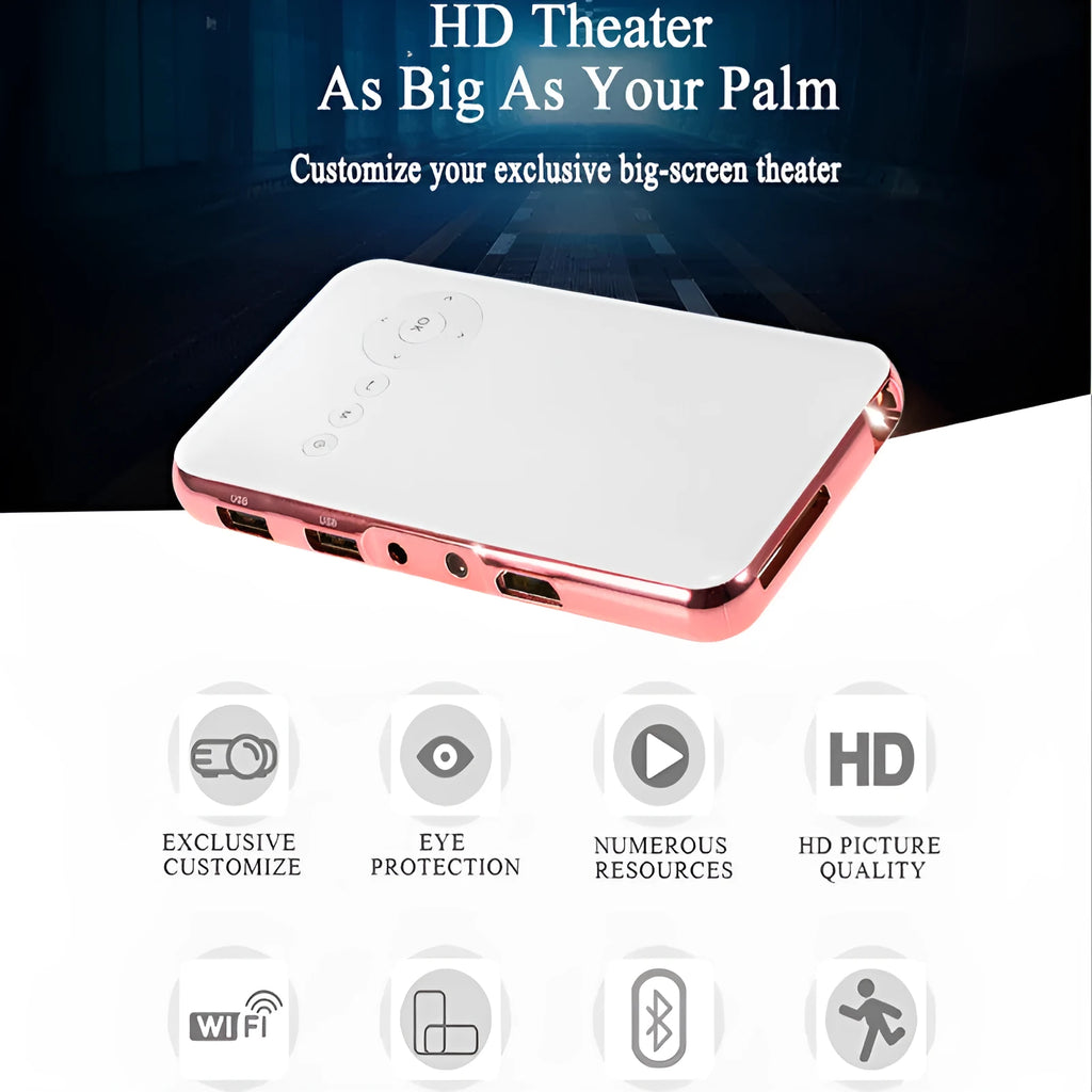 M6S miniature portable DLP projector in white and rose gold with 32GB memory and Android compatibility
