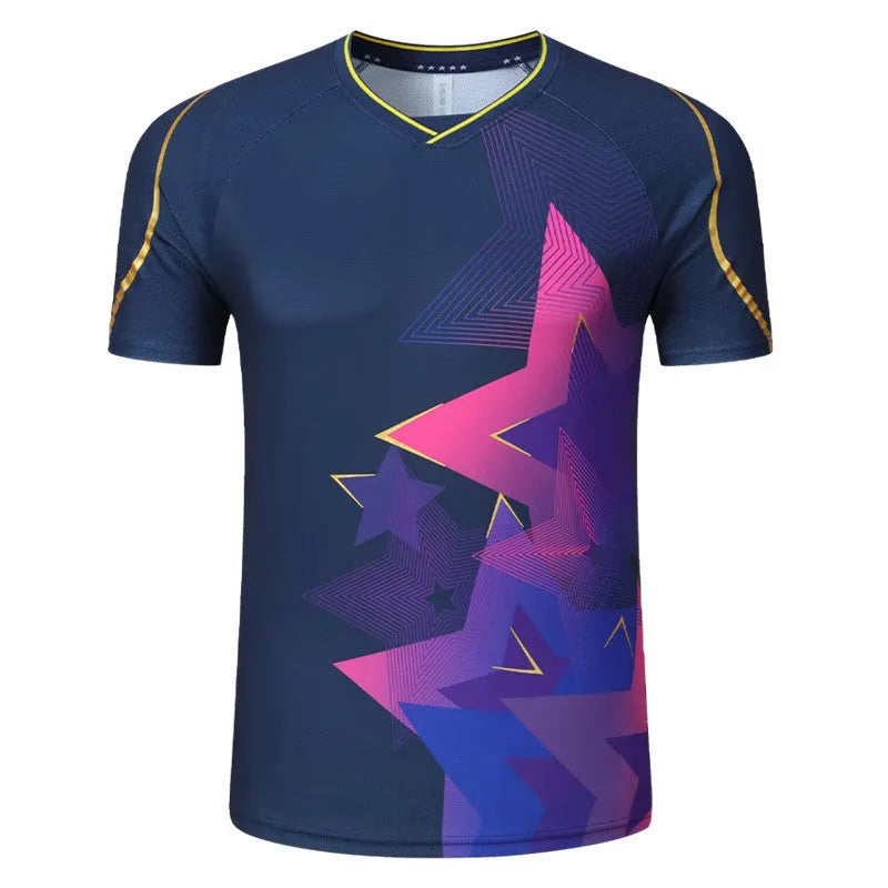 Badminton competition sportswear set in blue and purple colours with short-sleeved top and trousers