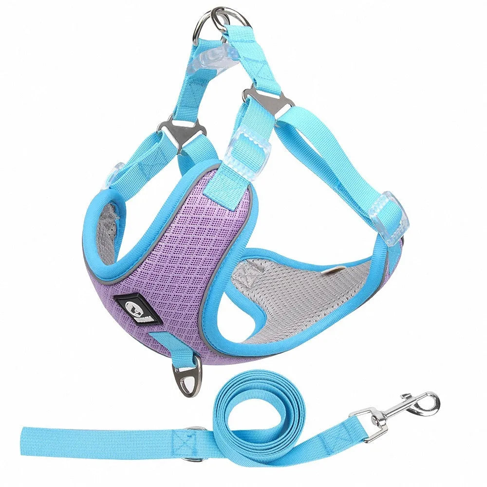 Adjustable breathable mesh dog harness with reflective piping in black, red, grey, or light purple