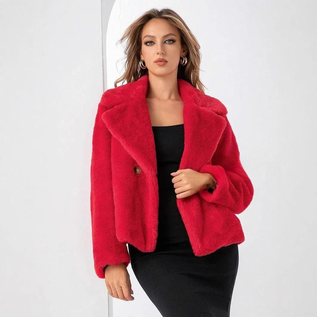 Women's short loose faux fur coat in rose red colour with regular sleeves.