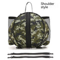 Black Oxford cloth basketball bag with one shoulder strap, shown next to a basketball.